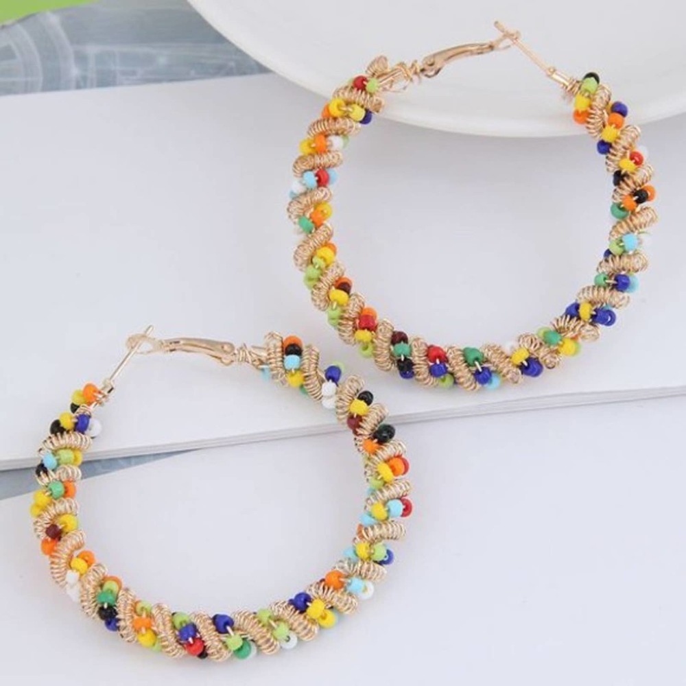 Gold Coil Woven Hoops With Multi-Colored Beads